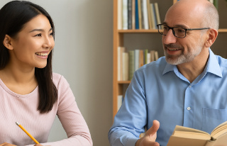 対面で行うドイツ語のプライベートレッスンで講師と会話する学習者