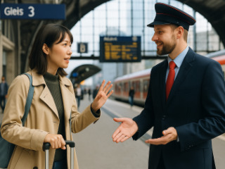 ヨーロッパの鉄道駅でドイツ語を使って道を尋ねる日本人旅行者