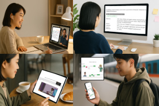 日本人学習者が自宅やカフェ、駅など実際の生活シーンでノートパソコン、デスクトップ、タブレット、スマートフォンを使ってドイツ語を学んでいる様子