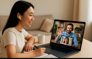 オンラインでドイツ語のプライベートレッスンを受ける笑顔の女性と講師のビデオ通話
